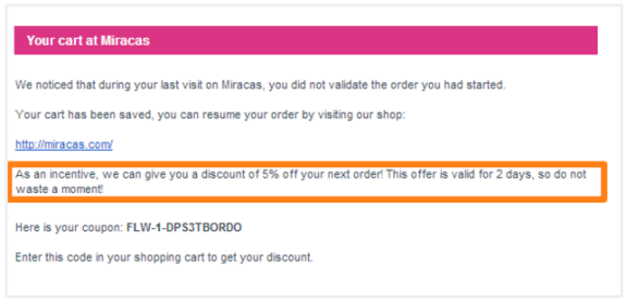 Email from Miracas offering 5 percent discount on next order with coupon code.