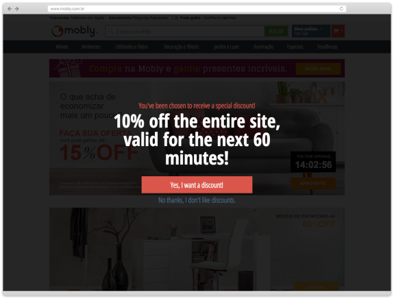 Mobly discount popup offering 10% off sitewide for the next 60 minutes.
