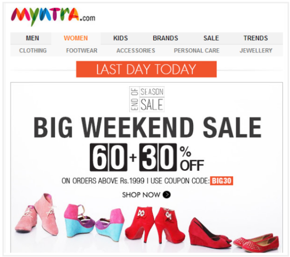 Myntra big weekend sale advertisement with 60 plus 30 percent discount on shoes.