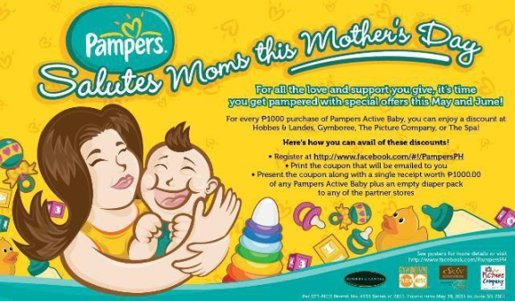 Pampers Mother's Day promotion with coupon offer and baby illustration.
