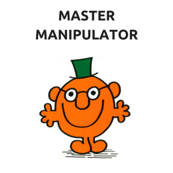 Cartoon character with orange body, green hat, and glasses labeled 'Master Manipulator'.