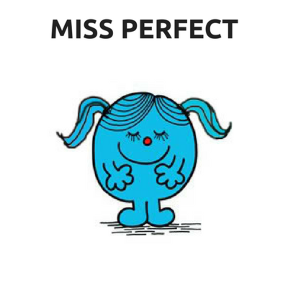 Blue cartoon character with pigtails labeled Miss Perfect