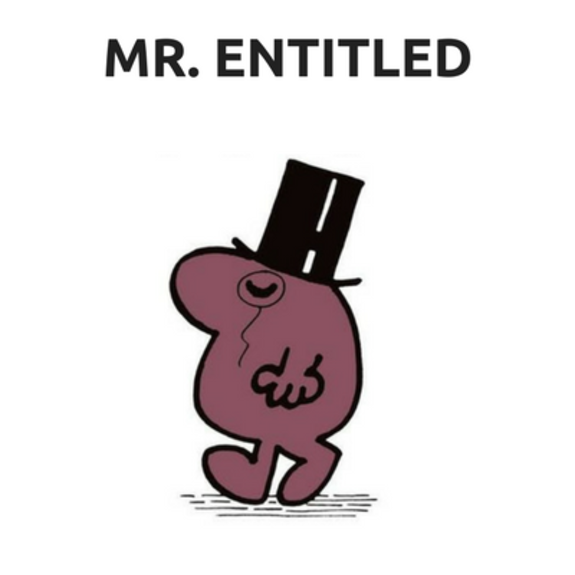 Cartoon character Mr. Entitled wearing a top hat and walking.