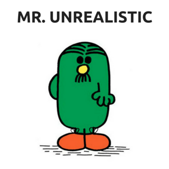 Green cartoon character named Mr. Unrealistic with orange shoes
