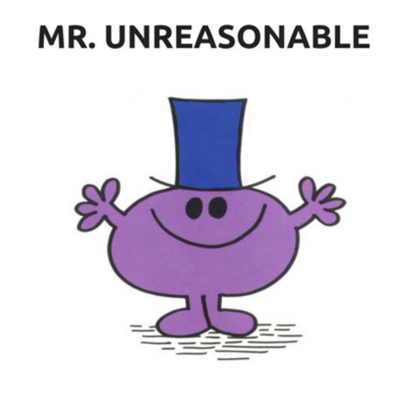 Cartoon character Mr. Unreasonable with a purple body and blue hat.
