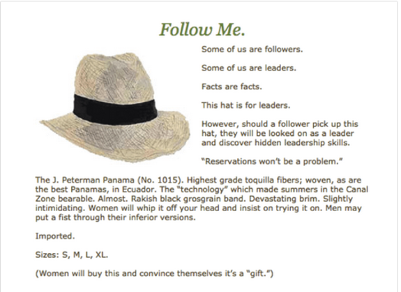 J. Peterman Panama hat advertisement with product description and features.