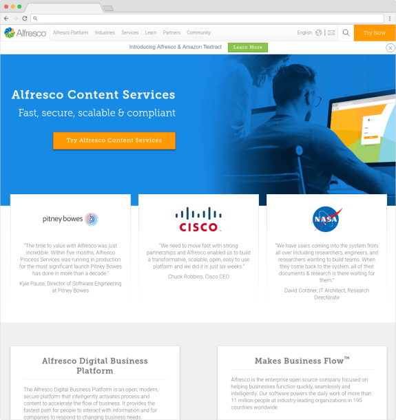 Alfresco Content Services overview with testimonials from Pitney Bowes, Cisco, and NASA