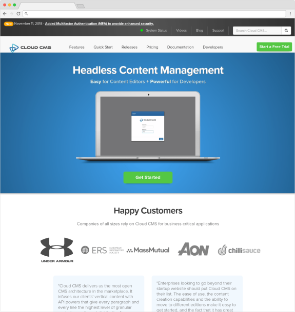 Cloud CMS headless content management page with laptop and customer logos.