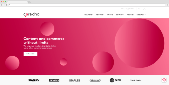 Coredna homepage with pink background and content and commerce message.