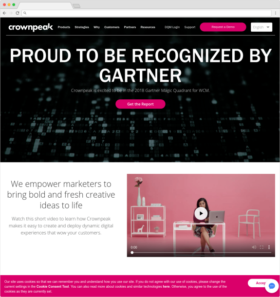 Crownpeak website banner highlighting Gartner recognition with digital background.