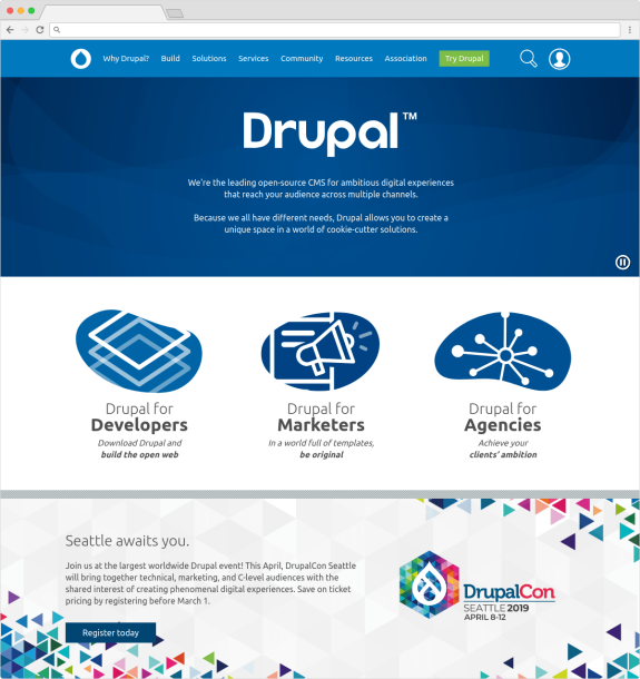 Drupal homepage featuring sections for developers, marketers, and agencies.