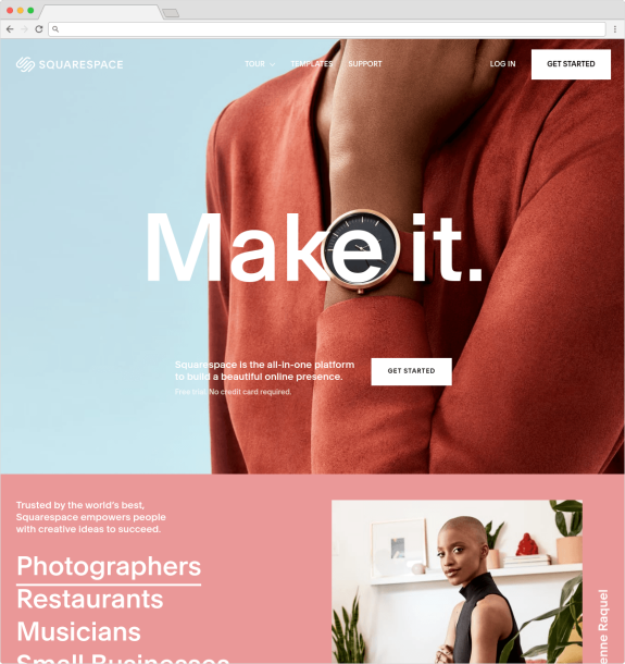 Squarespace homepage with 'Make it' banner and Get Started button.