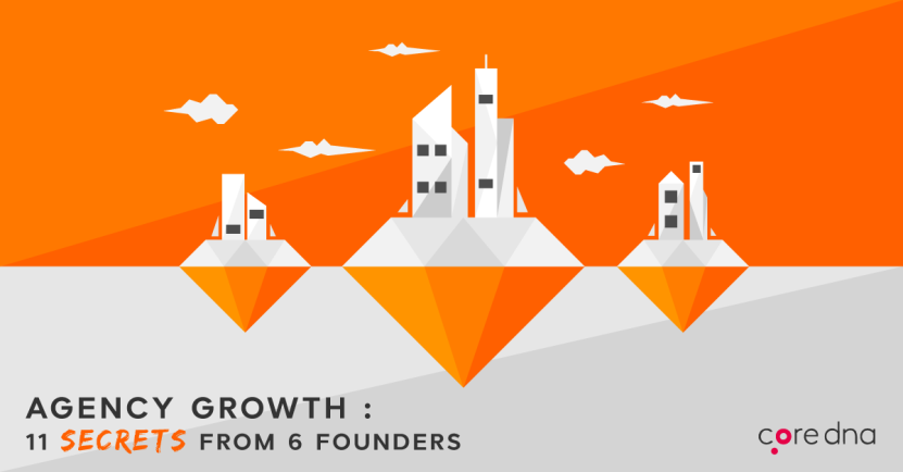 Illustration of agency growth secrets by founders with an orange background and geometric buildings.