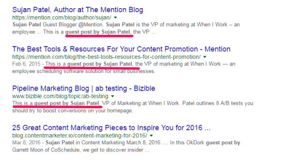 Search results highlighting guest posts by Sujan Patel on various blogs