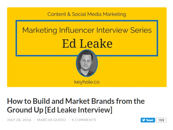 Marketing influencer interview series with Ed Leake on yellow background.