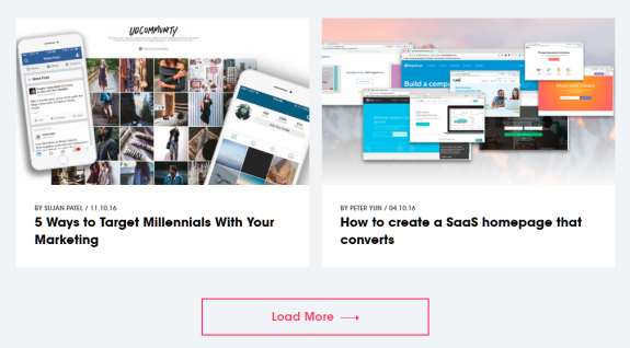 Preview of articles on targeting millennials and creating SaaS homepages.