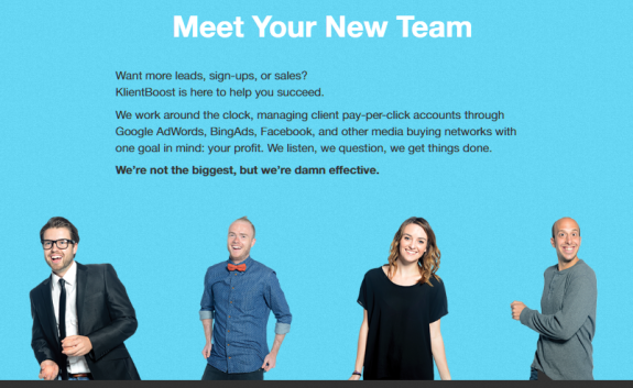 Four people standing against a blue background with business text about team success.