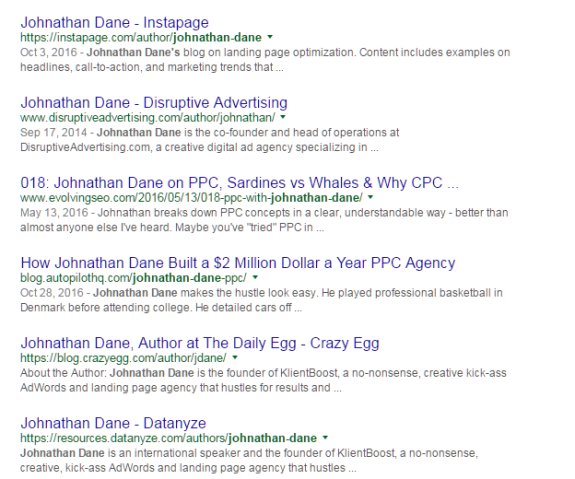 Search results showing Johnathan Dane's articles on SEO and advertising.