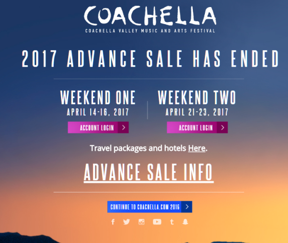 Coachella 2017 advance sale ended poster with event dates and login options.