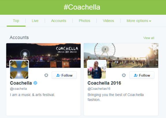 Screenshot of Coachella Twitter accounts with festival images and hashtags.