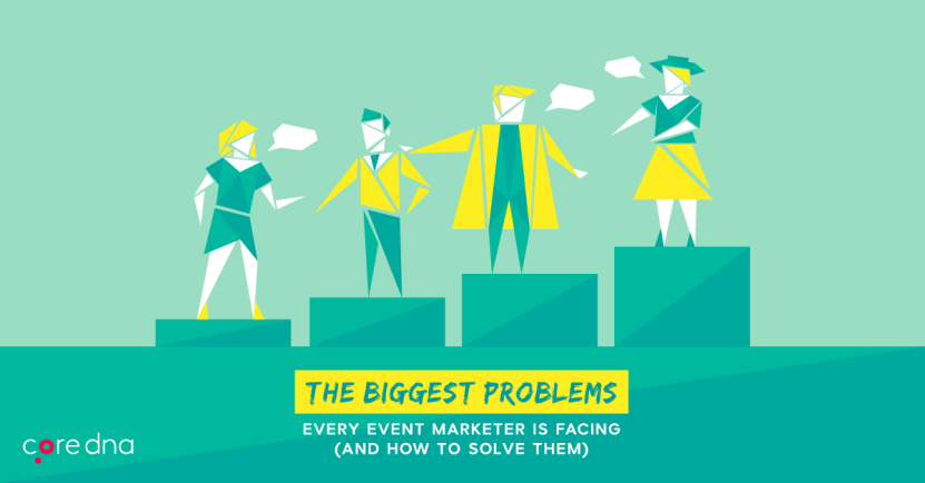 Illustration of event marketing challenges and solutions with four people and speech bubbles.