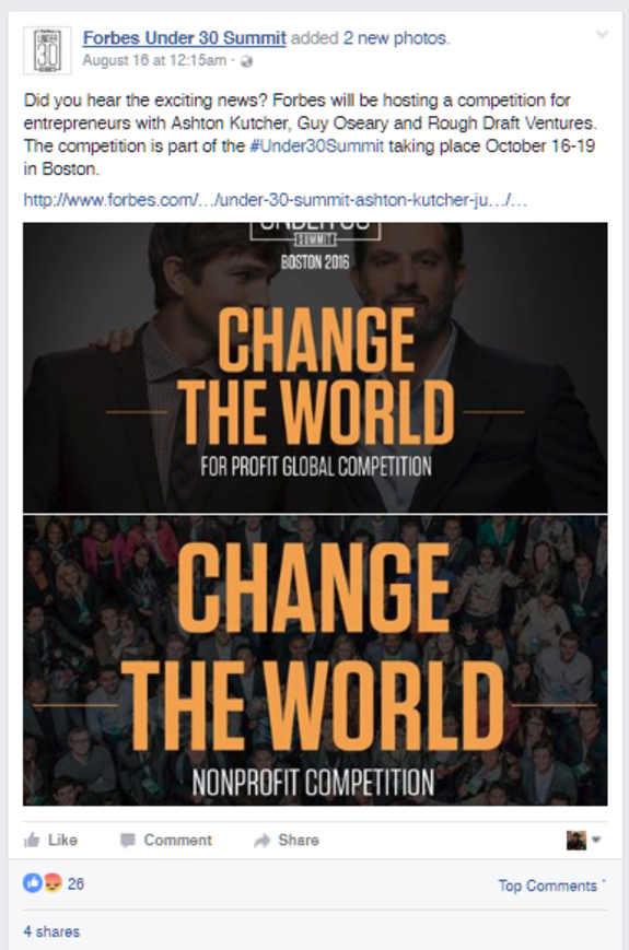 Forbes Under 30 Summit 2016 Boston Change the World competition poster.