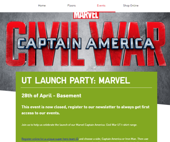 Marvel Captain America Civil War launch party announcement for April 28th at UT basement.