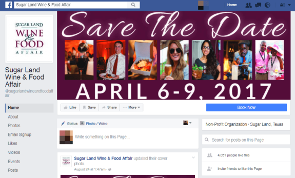 Sugar Land Wine & Food Affair Save the Date for April 6-9, 2017 on Facebook page.
