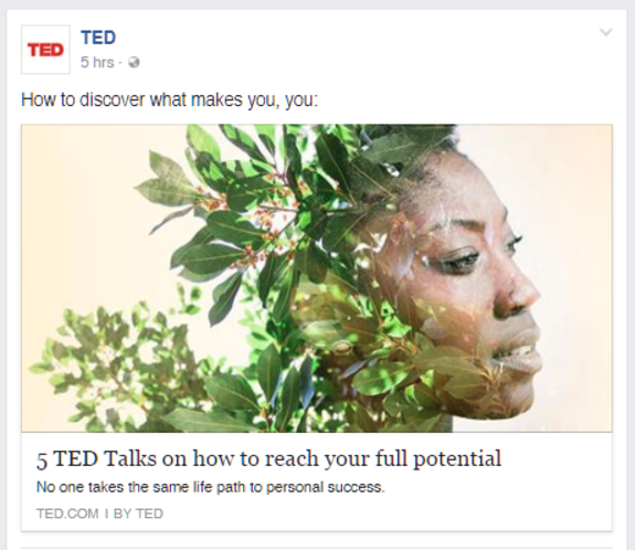 Profile of a person with greenery overlay promoting TED Talks on self-discovery and potential.