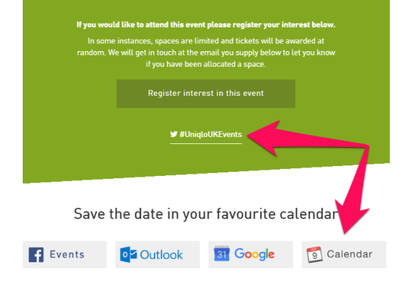 Event registration prompt with calendar save options for Uniqlo UK event.