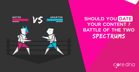 Infographic comparing gated vs ungated content with abstract figures in a boxing ring.