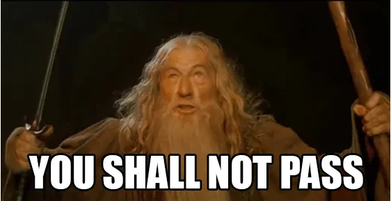 Wizard holding staff with 'You Shall Not Pass' text overlay.