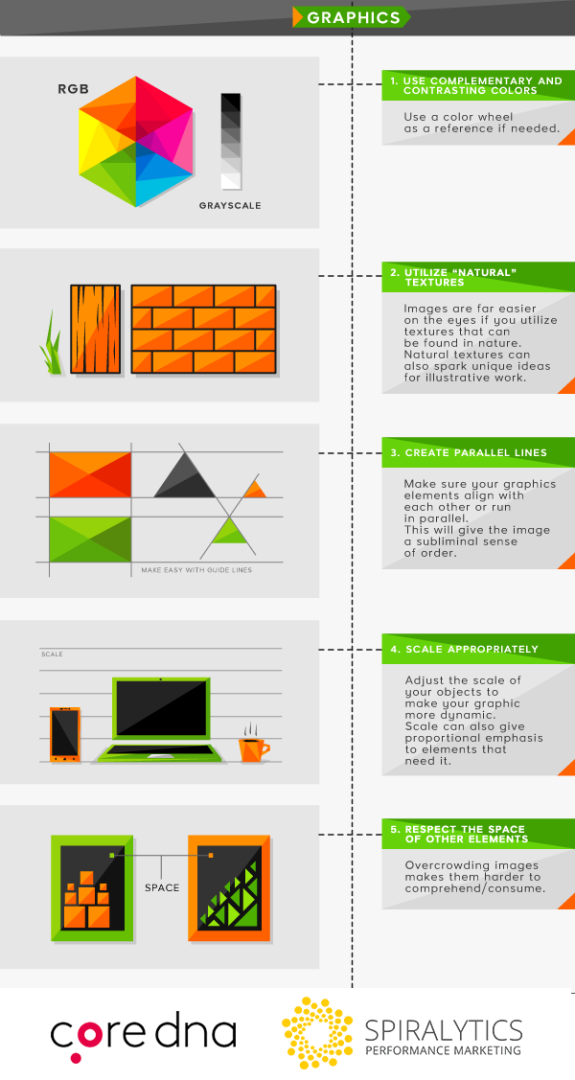 Infographic showing five graphic design tips including color use, textures, and scaling.