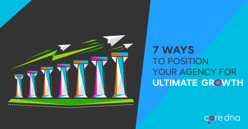 Illustration of graph with paper planes and text '7 ways to position your agency for ultimate growth.'