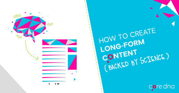 Illustration on creating long-form content with a colorful geometric design and text.