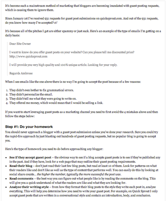 Screenshot of a blog post discussing guest post request emails and tips for bloggers.