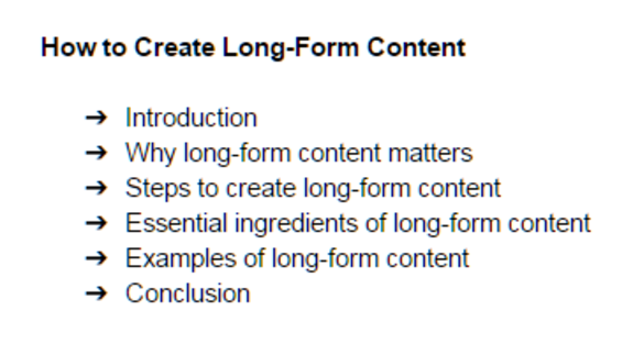 List of steps for creating long-form content including introduction and conclusion