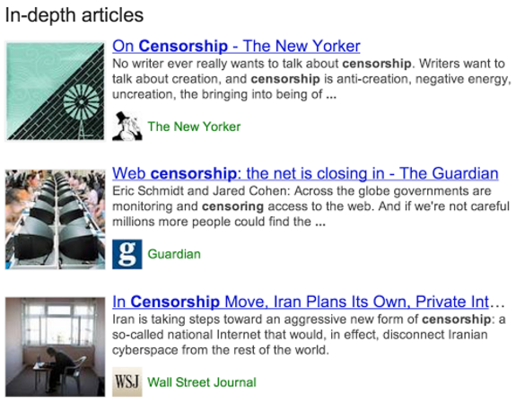 Screenshot of online articles discussing censorship from various sources.