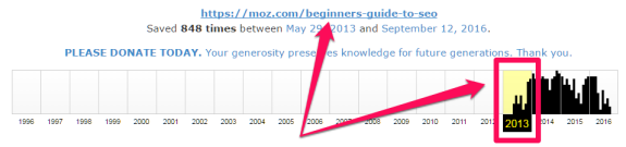 Wayback Machine screenshot of Moz SEO guide saves from 2013 to 2016