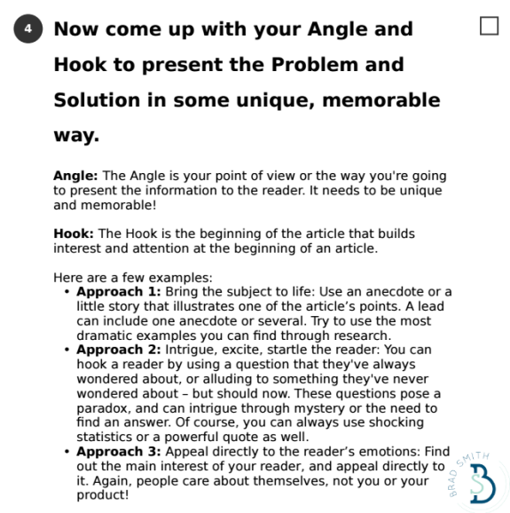 Guide on creating unique angles and hooks for articles with examples.