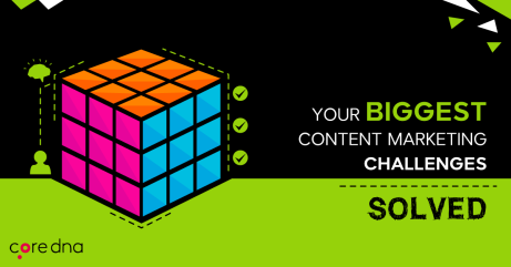 Rubik's cube with text your biggest content marketing challenges solved by coredna