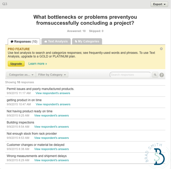 Survey results page showing responses to project bottlenecks question.