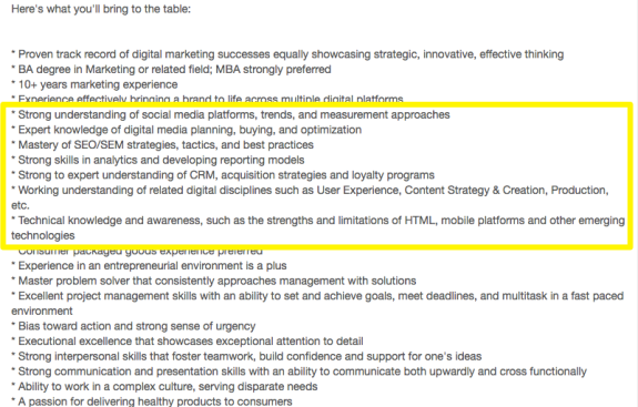 Highlighted section of digital marketing job requirements listing social media and technical skills.