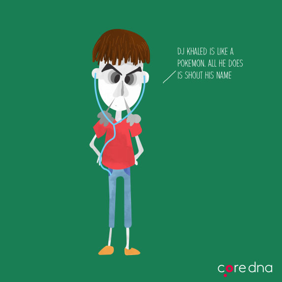 Cartoon character with headphones and funny quote on green background.