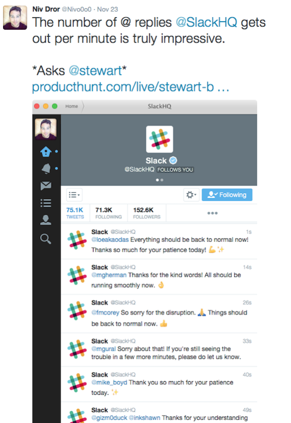Screenshot of SlackHQ Twitter dashboard showing multiple replies per minute.