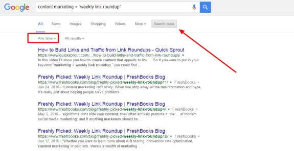 Google search results for content marketing and weekly link roundup.