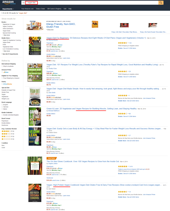 Amazon search results page showing various vegan diet books with prices and ratings.