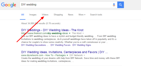 Google search results for DIY wedding with video tab highlighted.