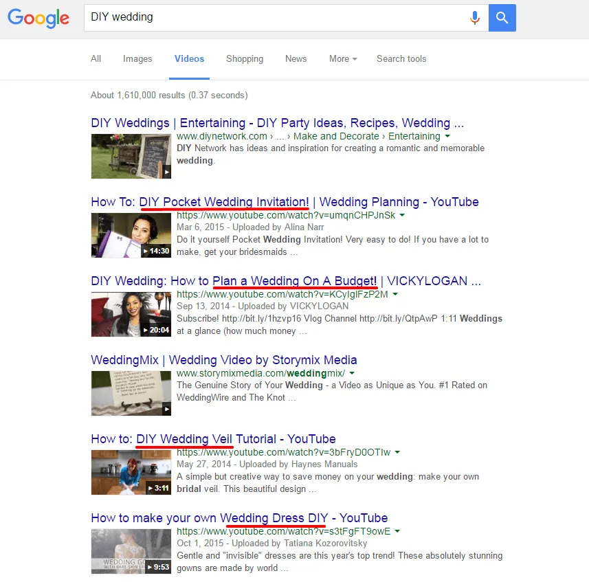 Google search results page for DIY wedding videos with various YouTube links.