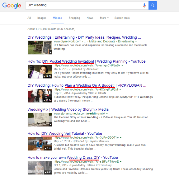 Google search results page for DIY wedding videos with various YouTube links.